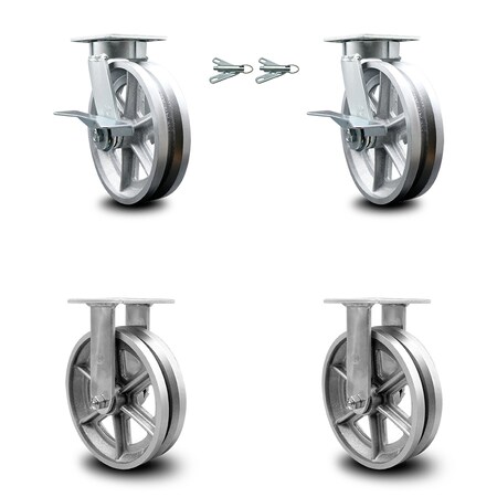 Service Caster 8 Inch Kingpinless V Groove Semi Steel Caster Brake & Swivel Locks 2 Rigid, 2PK SCC-KP30S820-VGR-SLB-BSL-2-R-2